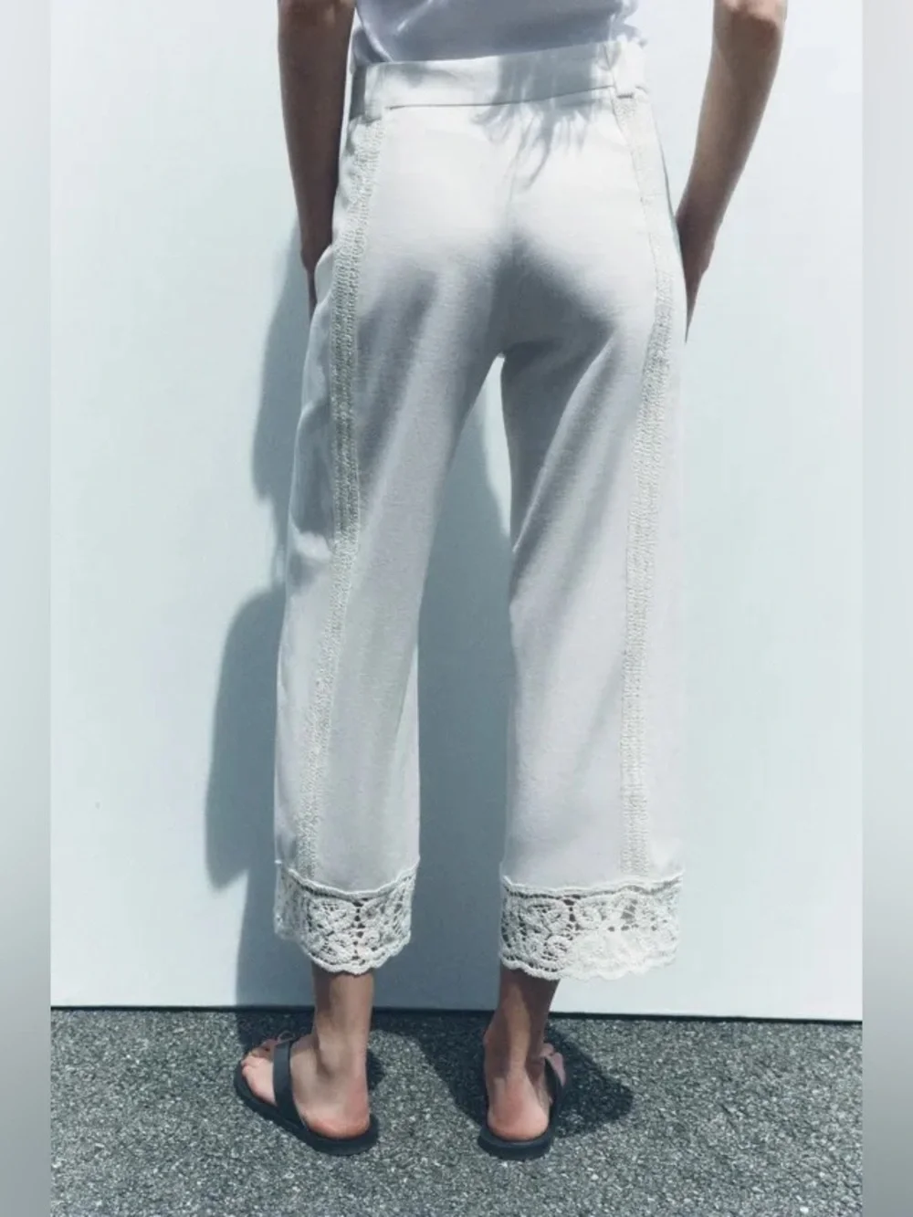 NWT Zara Linen Blend Crochet Wide Leg Cropped Pants Bloggers Fave in Ecru Sz M